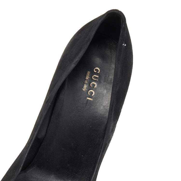 Pre Owned Gucci Black Suede Square Toe Metal Trim Pumps Size 36