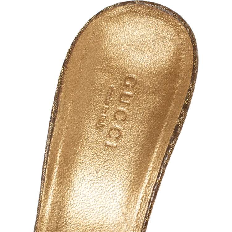 Pre Owned Gucci Gold/Brown GG Crystal Canvas and Leather Interlocking G Buckle Slide Sandals Size 38