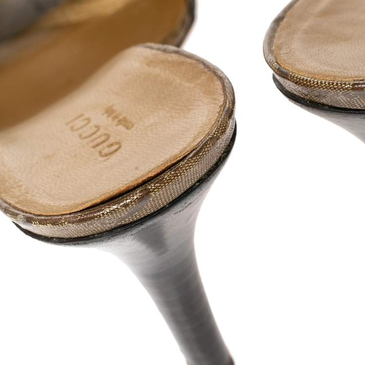 Pre Owned Gucci Gold/Brown GG Crystal Canvas and Leather Interlocking G Buckle Slide Sandals Size 38