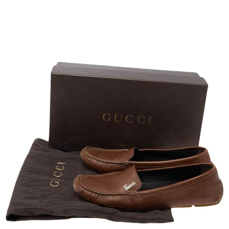 Pre Owned Gucci Brown Leather Slip On Loafers Size 37.5