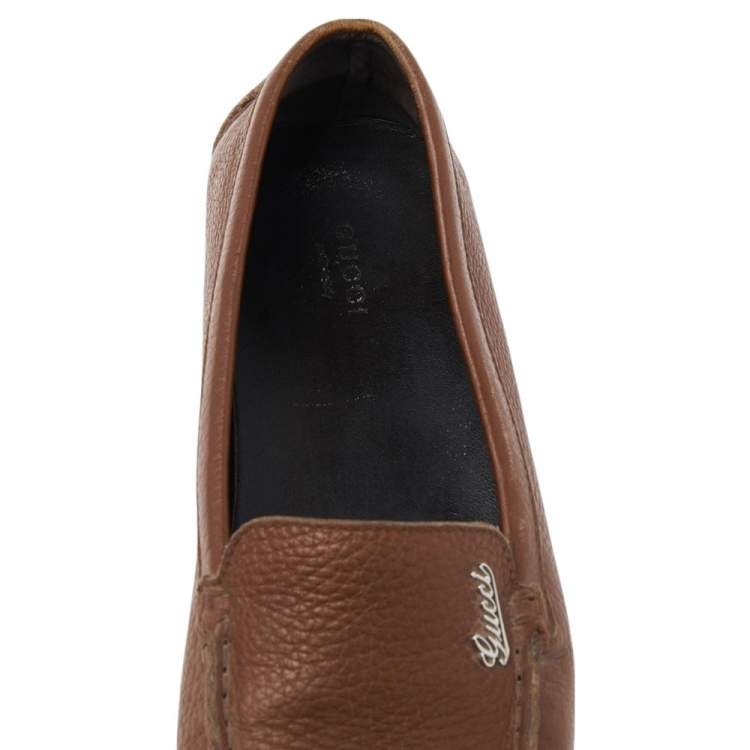 Pre Owned Gucci Brown Leather Slip On Loafers Size 37.5