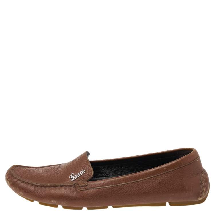 Pre Owned Gucci Brown Leather Slip On Loafers Size 37.5