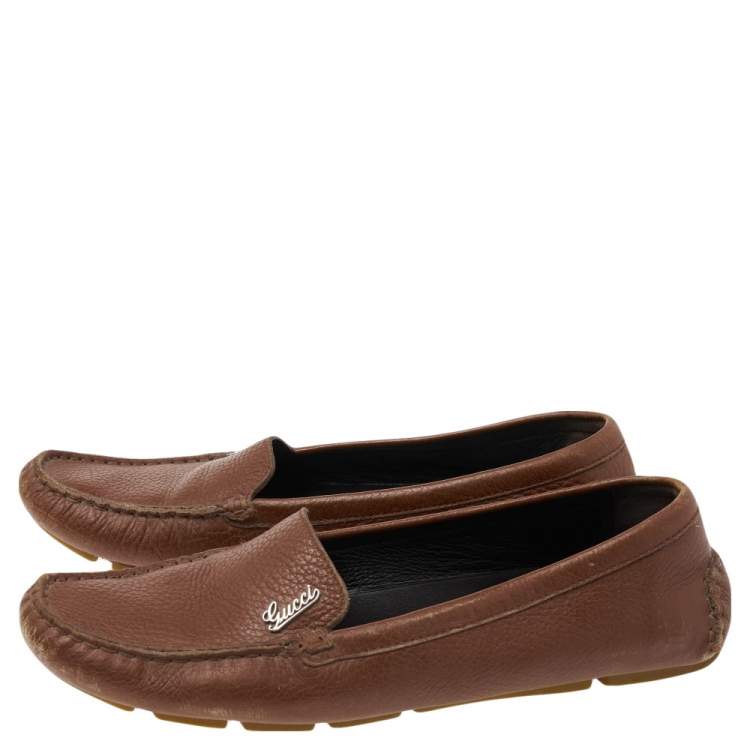 Pre Owned Gucci Brown Leather Slip On Loafers Size 37.5