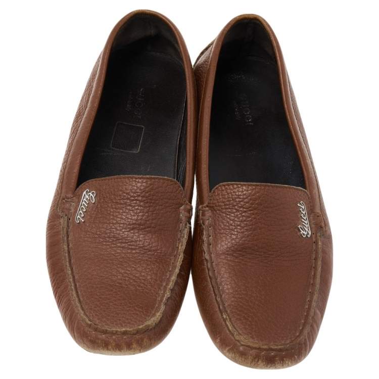 Pre Owned Gucci Brown Leather Slip On Loafers Size 37.5