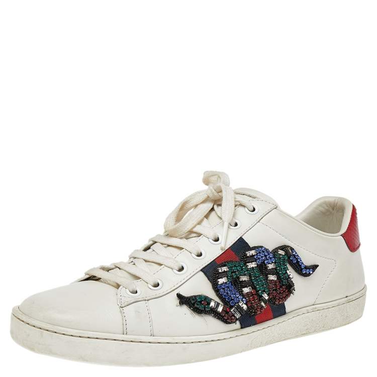 Pre Owned Gucci White Leather And Canvas Ace Embroidered Sneakers Size 39.5