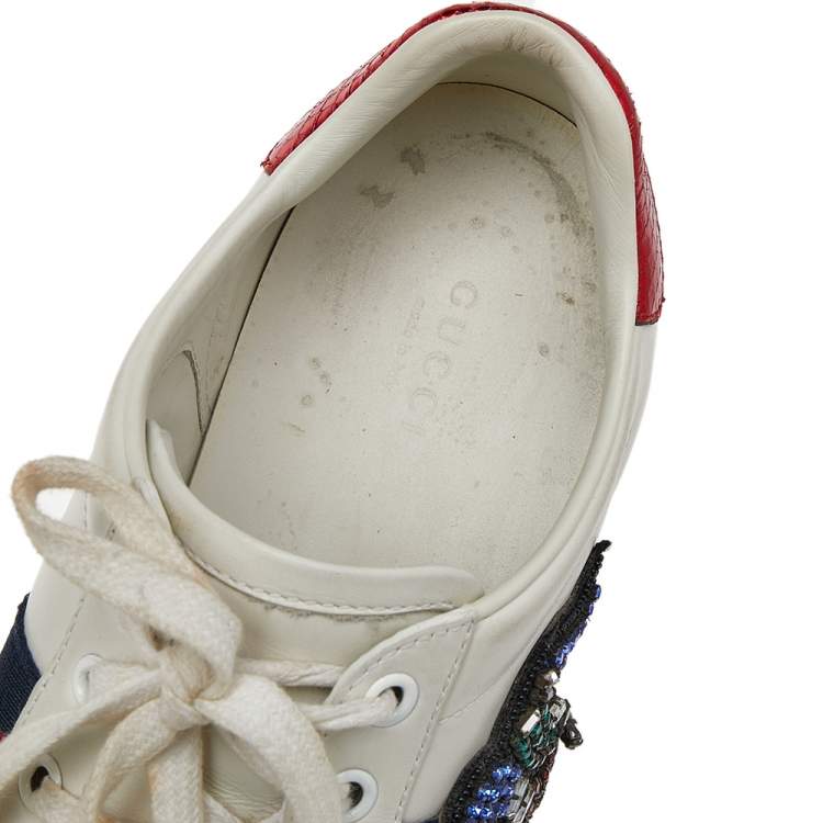 Pre Owned Gucci White Leather And Canvas Ace Embroidered Sneakers Size 39.5