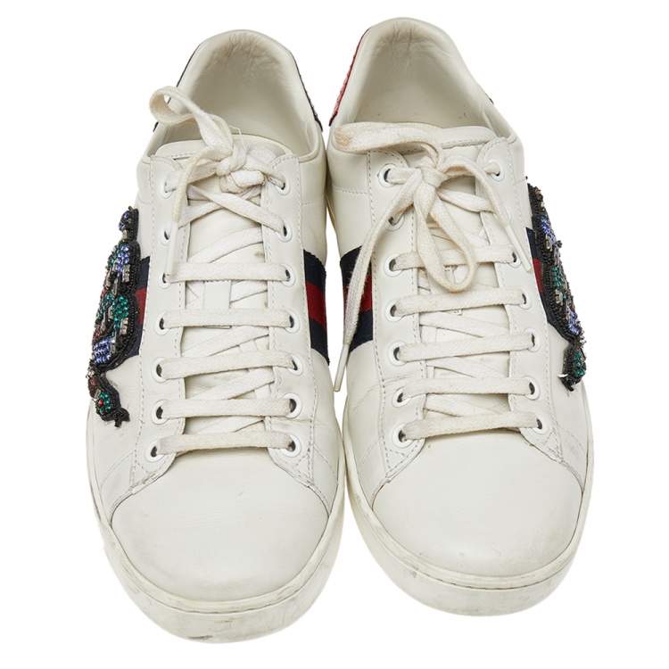 Pre Owned Gucci White Leather And Canvas Ace Embroidered Sneakers Size 39.5