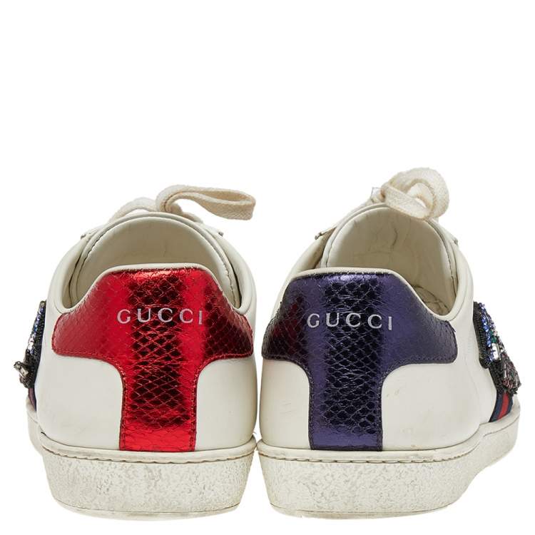 Pre Owned Gucci White Leather And Canvas Ace Embroidered Sneakers Size 39.5