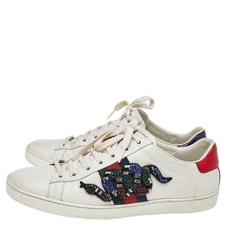 Pre Owned Gucci White Leather And Canvas Ace Embroidered Sneakers Size 39.5