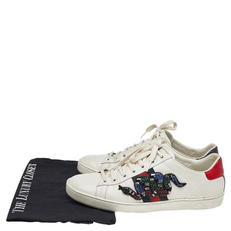 Pre Owned Gucci White Leather And Canvas Ace Embroidered Sneakers Size 39.5