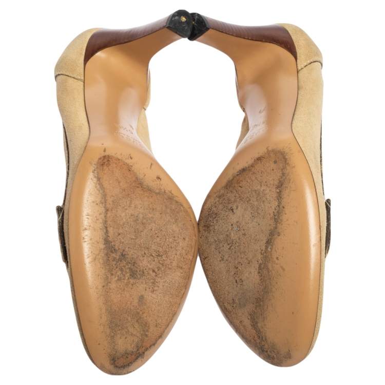 Pre Owned Gucci Beige Suede Horsebit Loafer Pumps Size 36