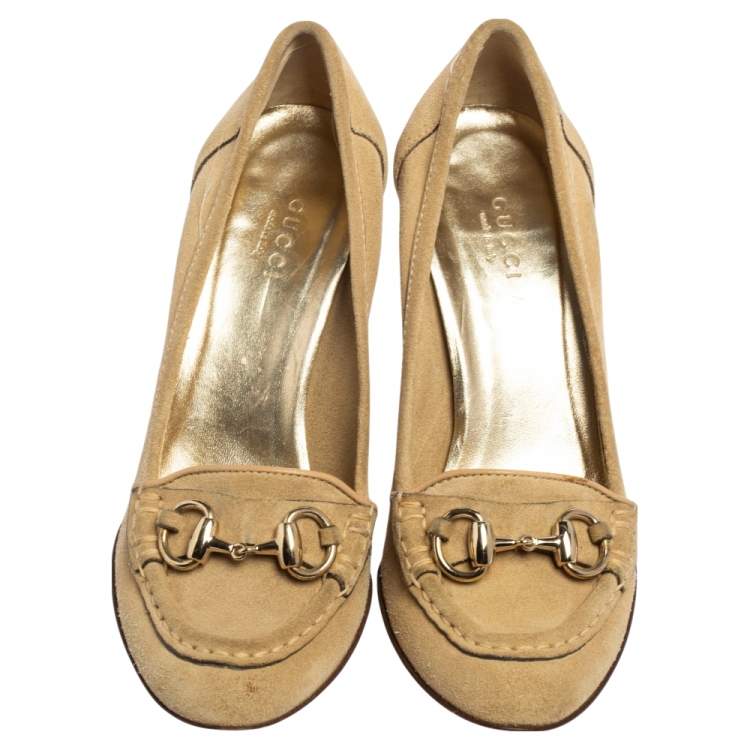 Pre Owned Gucci Beige Suede Horsebit Loafer Pumps Size 36