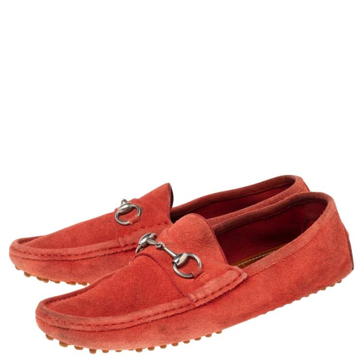 Pre Owned Gucci Red Suede Horsebit Loafers Size 42