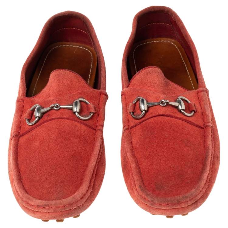 Pre Owned Gucci Red Suede Horsebit Loafers Size 42
