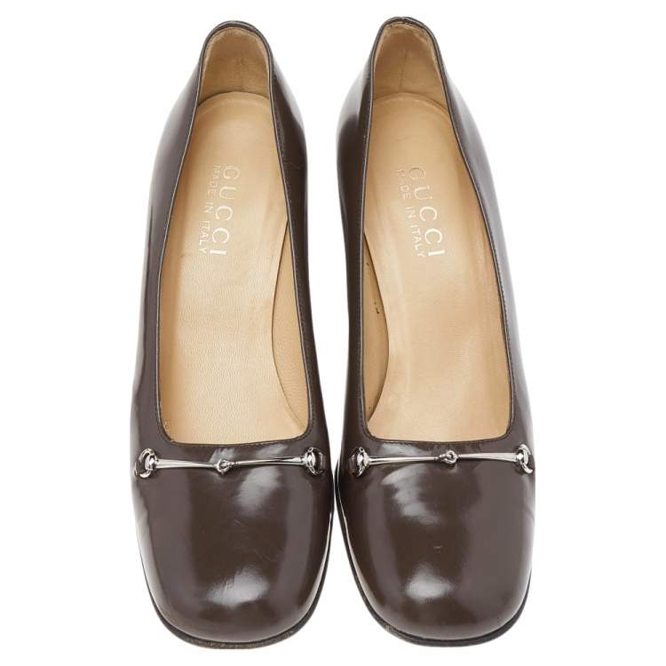 Pre Owned Gucci Brown Leather Horsebit Block Heel Pumps Size 37