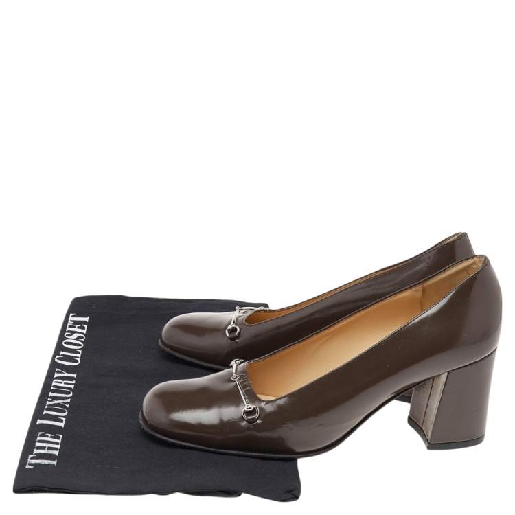 Pre Owned Gucci Brown Leather Horsebit Block Heel Pumps Size 37