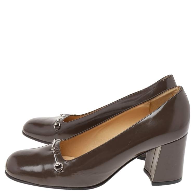 Pre Owned Gucci Brown Leather Horsebit Block Heel Pumps Size 37