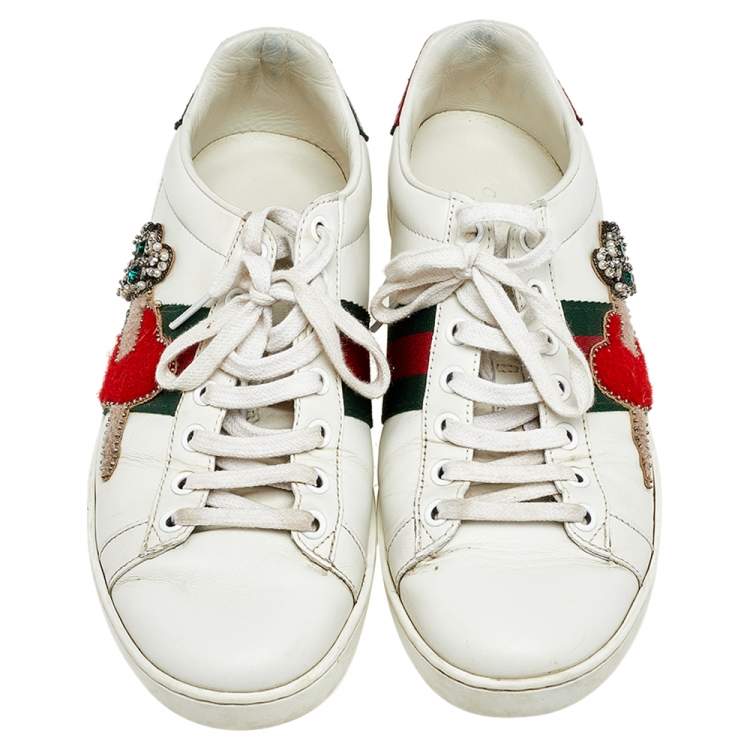 Pre Owned Gucci White Leather Ace Appliqué Embellished Low Top Sneakers Size 38