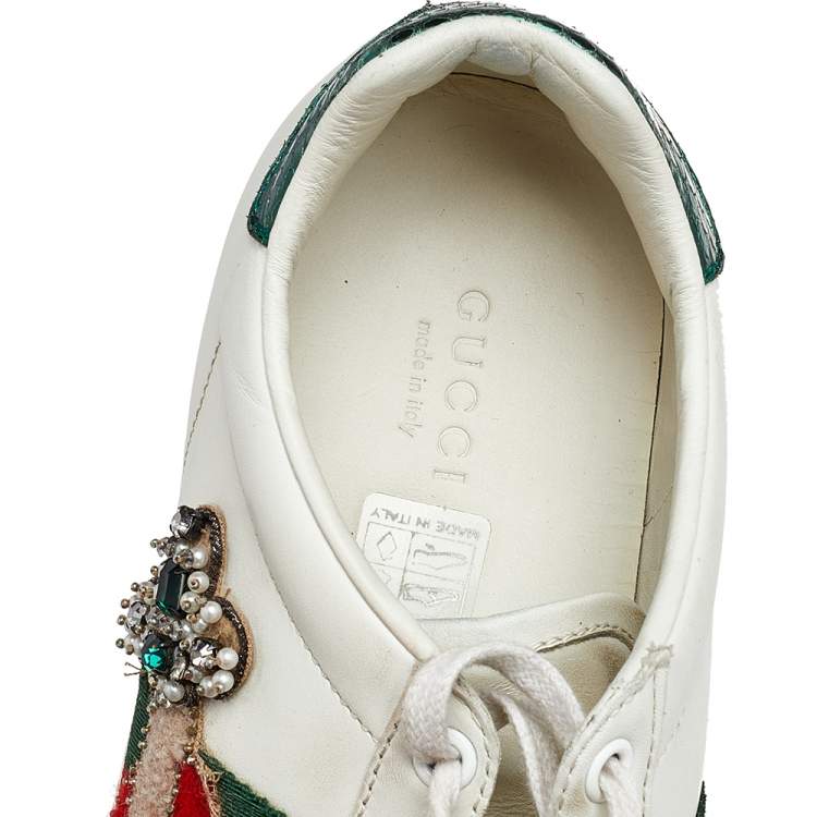 Pre Owned Gucci White Leather Ace Appliqué Embellished Low Top Sneakers Size 38