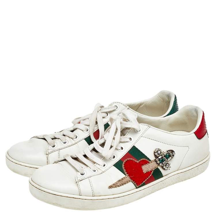 Pre Owned Gucci White Leather Ace Appliqué Embellished Low Top Sneakers Size 38