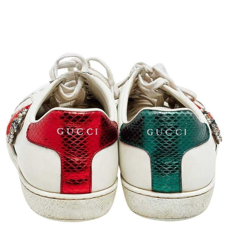 Pre Owned Gucci White Leather Ace Appliqué Embellished Low Top Sneakers Size 38
