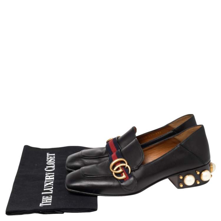 Pre Owned Gucci Black Leather GG Marmont Pearl Collapsible Mid Heel Loafers Size 37.5