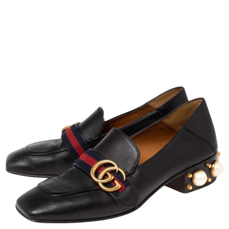 Pre Owned Gucci Black Leather GG Marmont Pearl Collapsible Mid Heel Loafers Size 37.5