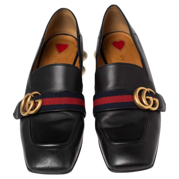 Pre Owned Gucci Black Leather GG Marmont Pearl Collapsible Mid Heel Loafers Size 37.5