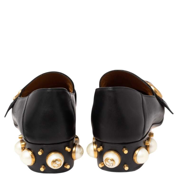 Pre Owned Gucci Black Leather GG Marmont Pearl Collapsible Mid Heel Loafers Size 37.5