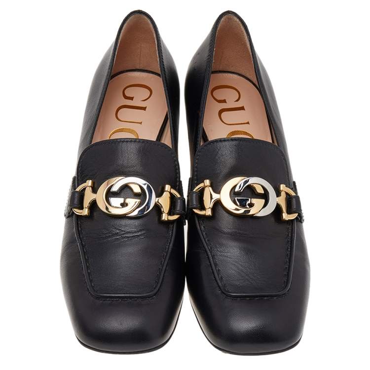 Pre Owned Gucci Black Leather Zumi GG Loafers Pumps Size 36.5