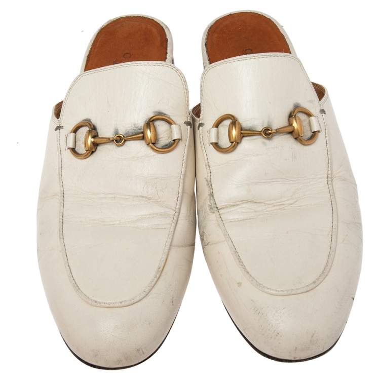 Pre Owned Gucci Cream Leather Princetown Horsebit Flat Mules Size 36