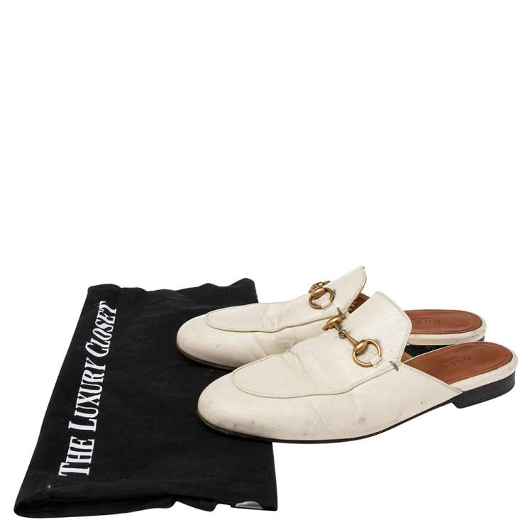 Pre Owned Gucci Cream Leather Princetown Horsebit Flat Mules Size 36