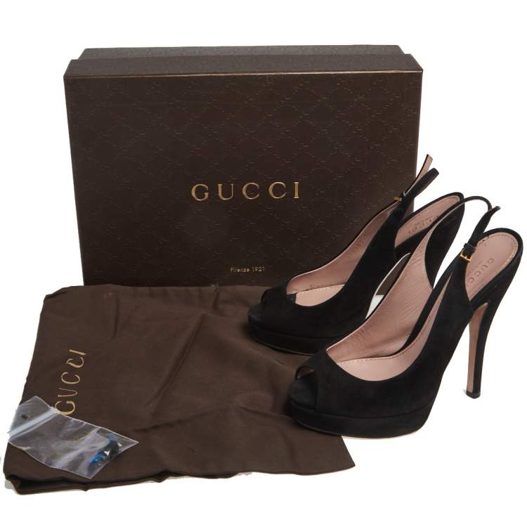 Pre Owned Gucci Black Suede Peep Toe Platform Slingback Sandals Size 36