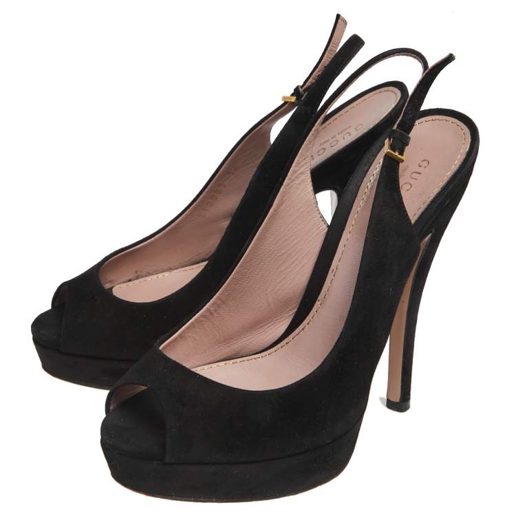 Pre Owned Gucci Black Suede Peep Toe Platform Slingback Sandals Size 36