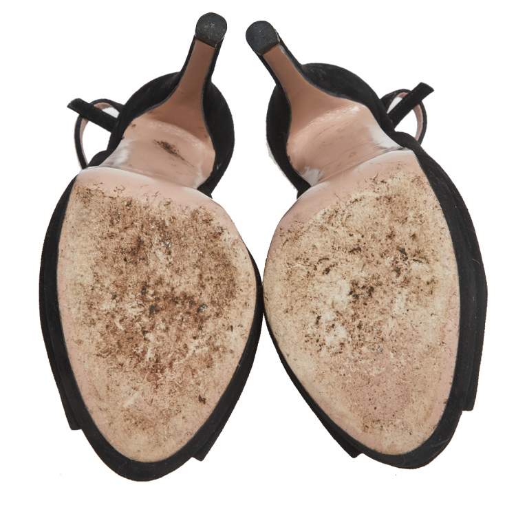 Pre Owned Gucci Black Suede Peep Toe Platform Slingback Sandals Size 36