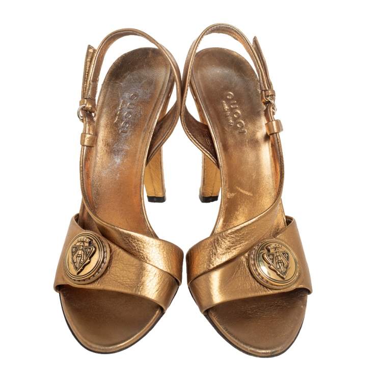 Pre Owned Gucci Metallic Bronze Leather Hysteria Slingback Sandals Size 35.5