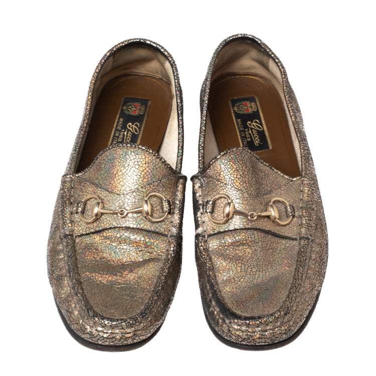 Pre Owned Gucci Iridescent Leather Horsebit Loafers Size 38