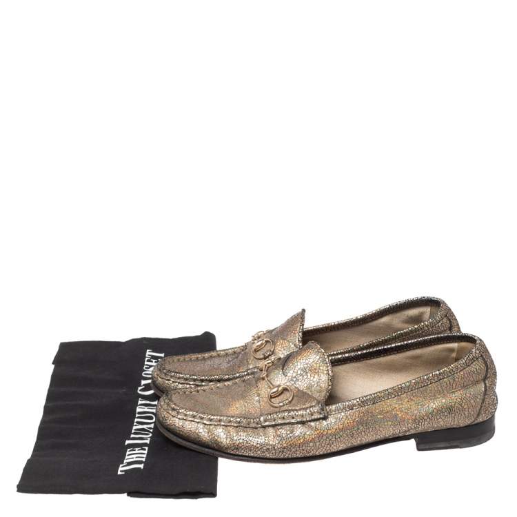 Pre Owned Gucci Iridescent Leather Horsebit Loafers Size 38