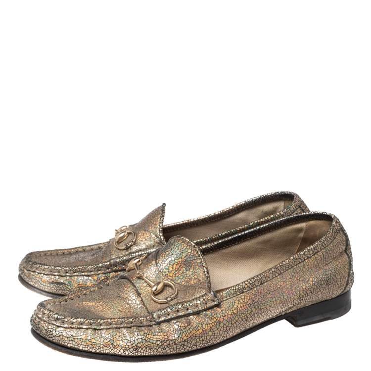 Pre Owned Gucci Iridescent Leather Horsebit Loafers Size 38