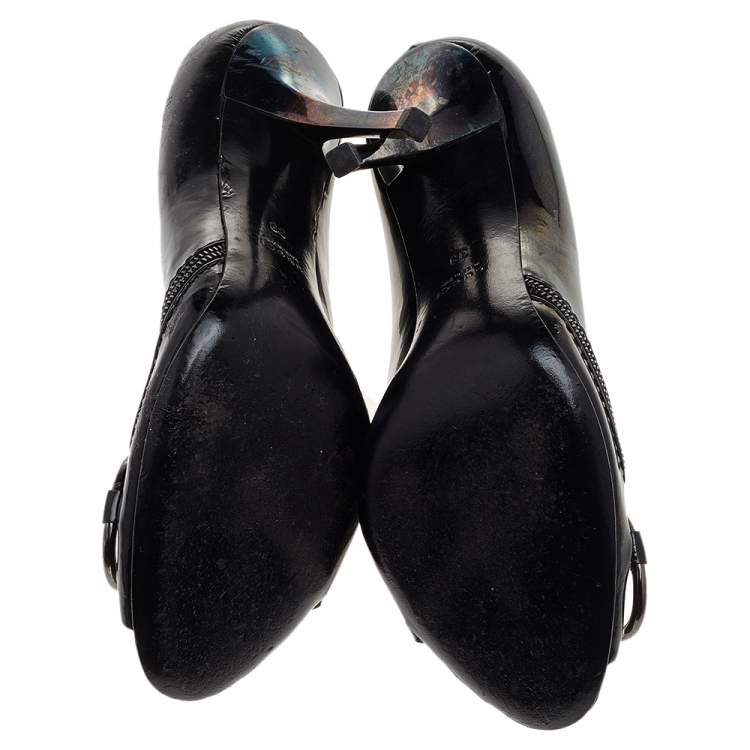 Pre Owned Gucci Black Patent Leather Horsebit Peep Toe Pumps Size 38