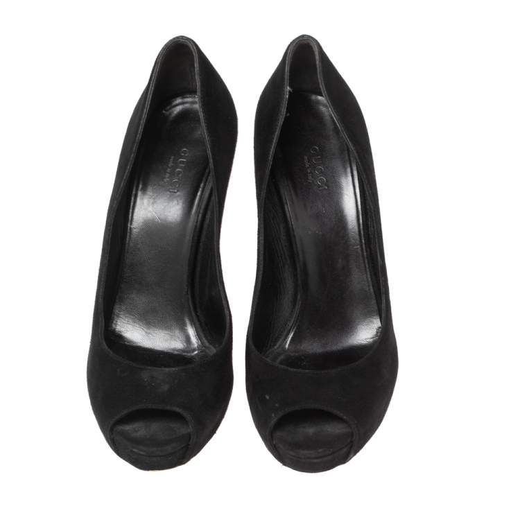 Pre Owned Gucci Black Suede Crystal Embellished Heel Peep Toe Pumps Size 39