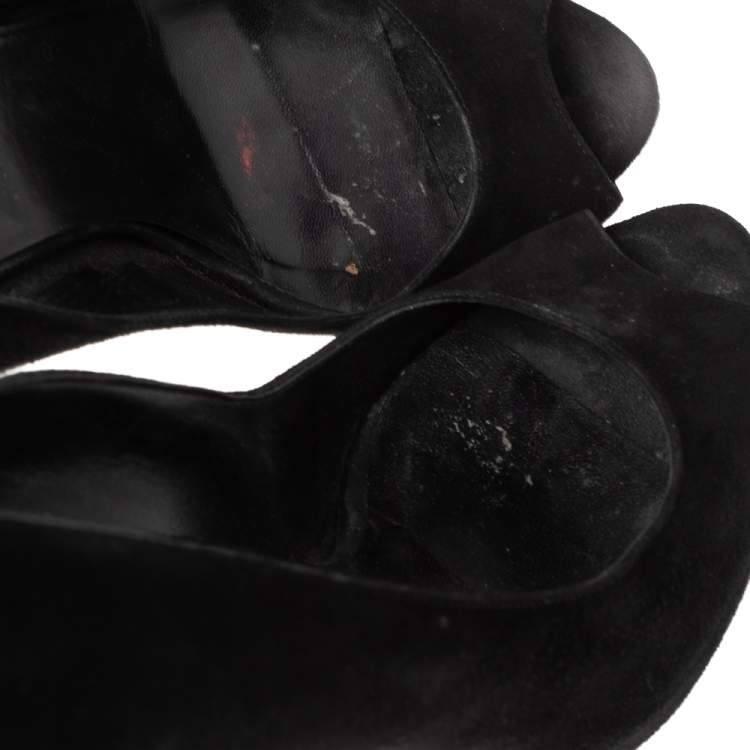 Pre Owned Gucci Black Suede Crystal Embellished Heel Peep Toe Pumps Size 39