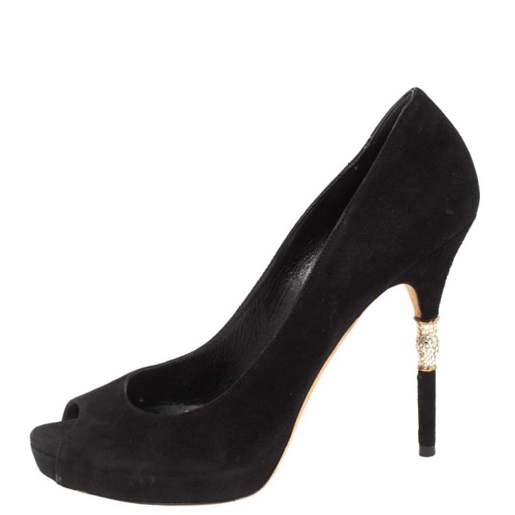 Pre Owned Gucci Black Suede Crystal Embellished Heel Peep Toe Pumps Size 39