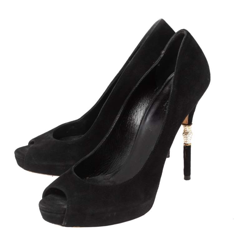 Pre Owned Gucci Black Suede Crystal Embellished Heel Peep Toe Pumps Size 39