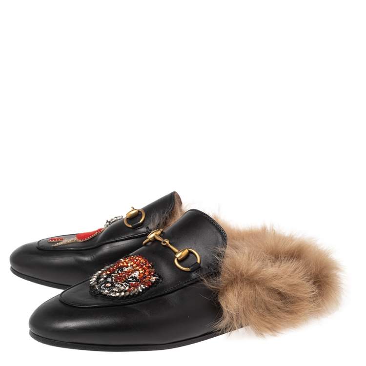 Pre Owned  Gucci Black Leather And Fur Tiger Princetown Horsebit Mules Size 37