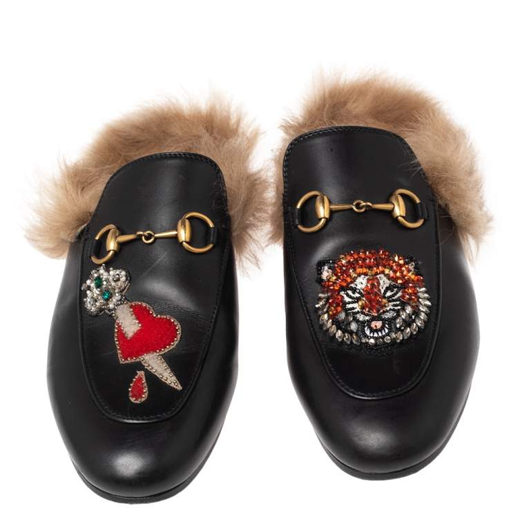 Pre Owned  Gucci Black Leather And Fur Tiger Princetown Horsebit Mules Size 37