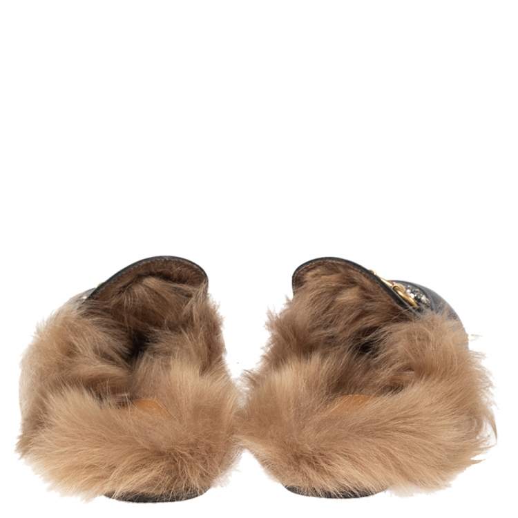 Pre Owned  Gucci Black Leather And Fur Tiger Princetown Horsebit Mules Size 37
