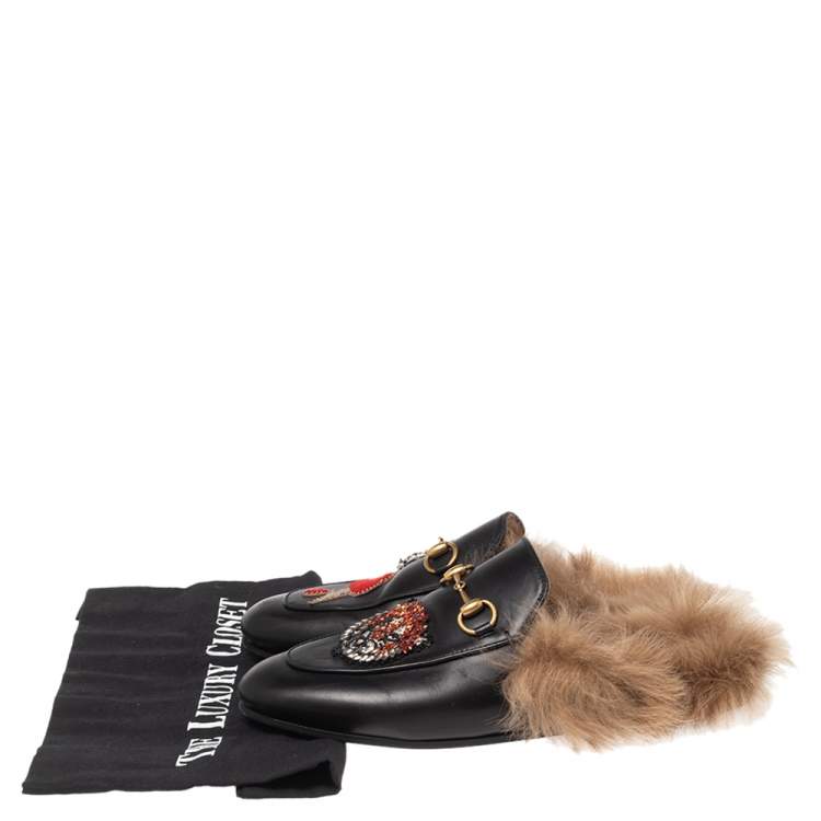 Pre Owned  Gucci Black Leather And Fur Tiger Princetown Horsebit Mules Size 37
