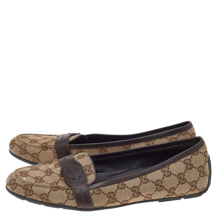 Pre Owned Gucci Beige/Brown GG Canvas And Leather Trim Slip On Loafers Size 38.5