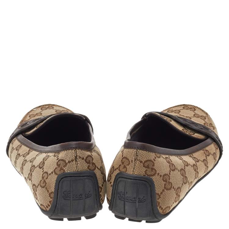Pre Owned Gucci Beige/Brown GG Canvas And Leather Trim Slip On Loafers Size 38.5